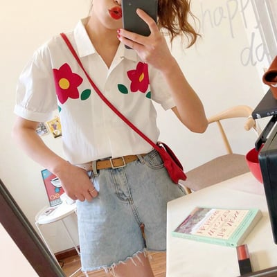 Red flower print blouse