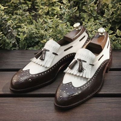 Handmade men's wing tip shoes, dark brown & white leather loafer tussel shoes - Thumbnail 4