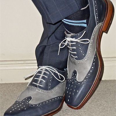 Handmade men's formal shoe, blue gray leather wing tip lace up formal shoes - Thumbnail 5