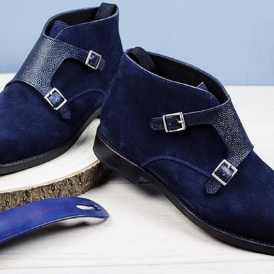 Handmade men's navy blue boot, men's suede with double monk strap formal boot - Thumbnail 5