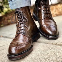 Handmade Men's Ankle High Boot,Burgundy Brown Leather WingTip LaceUp Formal Boot - Thumbnail 1