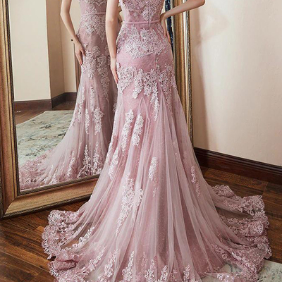 Elegant mermaid v neck spaghetti straps open back blue tulle long prom dresses with appliques,formal party dresses - Thumbnail 4