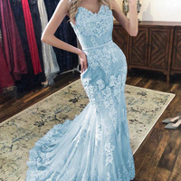 Elegant Mermaid V Neck Spaghetti Straps Open Back Blue Tulle Long Prom Dresses with Appliques,Formal Party Dresses - Thumbnail 1