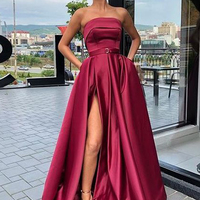 Charming A-Line Strapless Open Back Magenta Satin Long Prom Dresses with Slit,Evening Party Dresses - Thumbnail 1