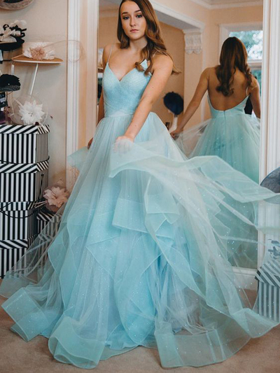 Gorgeous A-Line V Neck Spaghetti Straps Backless Lake Blue Tulle Long Prom Dresses,Formal Party Gown