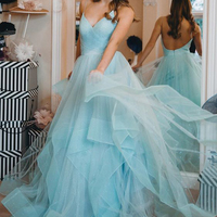 Gorgeous A-Line V Neck Spaghetti Straps Backless Lake Blue Tulle Long Prom Dresses,Formal Party Gown - Thumbnail 1