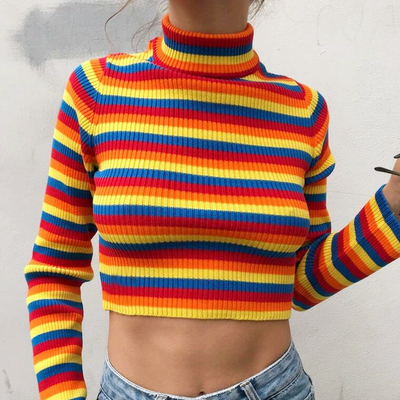 Rainbow stripe high collar long sleeve knit top