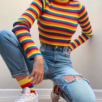Rainbow Stripe High Collar Long Sleeve Knit Top - Thumbnail 2
