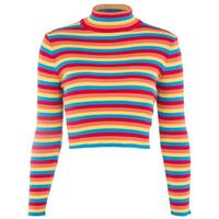 Rainbow Stripe High Collar Long Sleeve Knit Top - Thumbnail 3