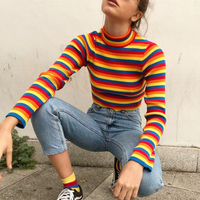 Rainbow Stripe High Collar Long Sleeve Knit Top - Thumbnail 4