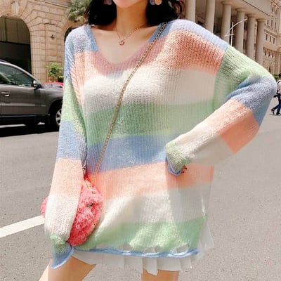V-neck ripped pastel color block stripe sweater