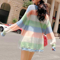 V-neck Ripped Pastel Color Block Stripe Sweater - Thumbnail 2