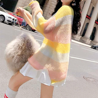 V-neck Ripped Pastel Color Block Stripe Sweater - Thumbnail 4