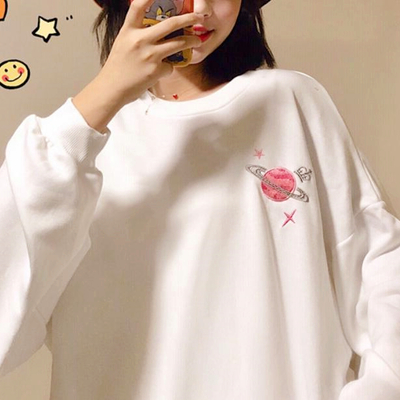 Planet embroidery white sweatshirt - Thumbnail 3