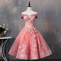 Pink tulle applique short prom dress, pink evening dress - Thumbnail 1