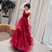 Burgundy v neck tulle long prom dress, formal dress - Thumbnail 1