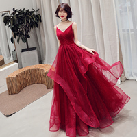 Burgundy v neck tulle long prom dress, formal dress - Thumbnail 2