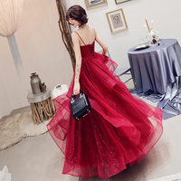 Burgundy v neck tulle long prom dress, formal dress - Thumbnail 4