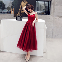 Burgundy v neck tulle short prom dress, homecoming dress - Thumbnail 1