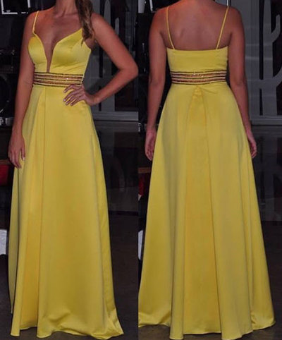 Yellow Spaghetti Straps Long Prom Dresses Evening Dresses