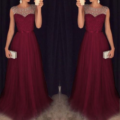 Sheer neck burgundy tulle long prom dresses with beaded - Thumbnail 4