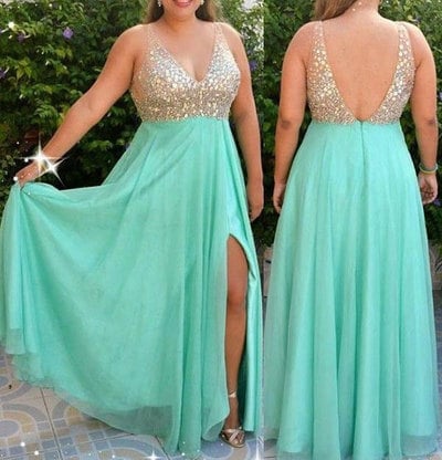 Plus Size Mint Green Split Side Prom Dresses with Beaded