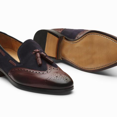 Handmade men's plain burgundy black leather & suede formal loafer shoes - Thumbnail 5