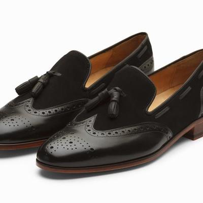 Handmade men's oxford tassels shoes, black leather & suede formal loafer shoes - Thumbnail 3