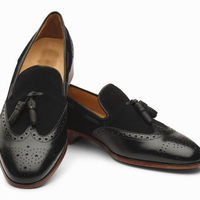Handmade Men's Oxford Tassels Shoes, Black Leather & Suede Formal Loafer Shoes - Thumbnail 1