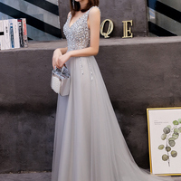 Gray v neck tulle sequins long prom dress, evening dress - Thumbnail 2