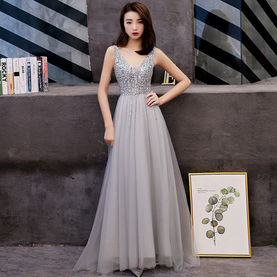 Gray v neck tulle sequins long prom dress, evening dress - Thumbnail 2