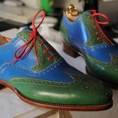 Handmade men's fashion shoes, green blue leather wing tip fashion shoes - Thumbnail 4