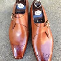 Handmade Men's Monk Shoes,Men's Plain Tan Brown Leather Formal Monk Shoes - Thumbnail 1