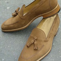 Handmade Men's Loafer Shoes,Men's Beige Suede Loafer Slips on Tussles Formal Shoes - Thumbnail 1