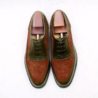 Handmade Men's Fashion Shoes, Men's Green Brown Leather & Suede Lace Up Fashion Shoes - Thumbnail 2