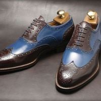 Handmade Men's Casual Shoes, Men's Brown Blue Leather Wing Tip Lace Up Casual Shoes - Thumbnail 1