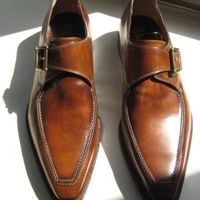 Handmade Men's Monk Shoes, Men's Brown Leather Monk Strap Shoes - Thumbnail 1