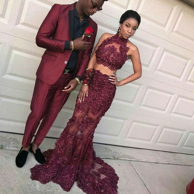 Two Piece Mermaid Prom Dresses with Lace Appliques