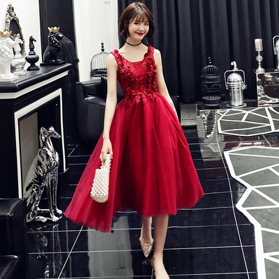 Burgundy v neck applique tulle short prom dress, evening dress - Thumbnail 3