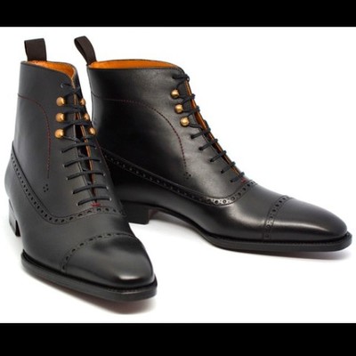 Handmade Men's Ankle High Boot, Men's Black Color Leather Cap Toe Lace Up Casual Boot