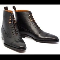 Handmade Men's Ankle High Boot, Men's Black Color Leather Cap Toe Lace Up Casual Boot - Thumbnail 1
