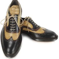 Handmade Men's Wing Tip Shoes, Men's Beige Black Leather Wing Tip Lace Up Shoes. - Thumbnail 1