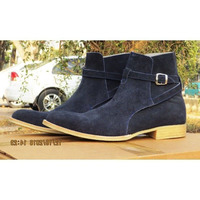 Handmade Men's Jodhpurs Boot, Men's Navy Blue Suede Jodhpurs Buckle Boot - Thumbnail 1