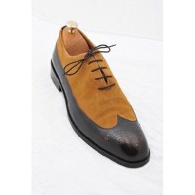 Handmade men's wing tip shoes, men's tan black leather wing tip lace up shoes. - Thumbnail 5