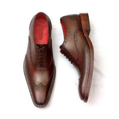 Handmade men's casual shoes, men's dark brown leather wing tip formal shoes. - Thumbnail 5