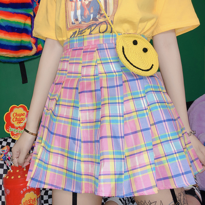 Harajuku new gradient pink plaid pleated skirt - Thumbnail 5