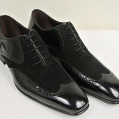 Handmade men's casual shoes, men's  black leather & suede wing tip lace up casual shoes. - Thumbnail 5