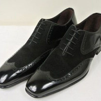 Handmade Men's Casual Shoes, Men's  Black Leather & Suede Wing Tip Lace Up Casual Shoes. - Thumbnail 1