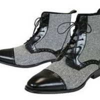 Handmade Men's Ankle Boot, Men's Black Leather & Tweed Cap Toe Casual Lace Up Boot. - Thumbnail 1