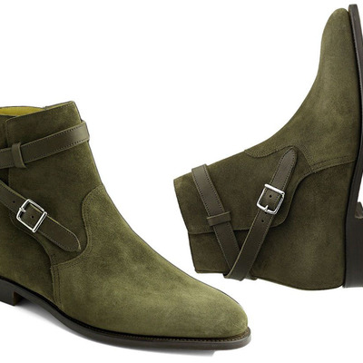 Handmade men's ankle boot, men's dark green suede buckle casual fashion boot. - Thumbnail 4